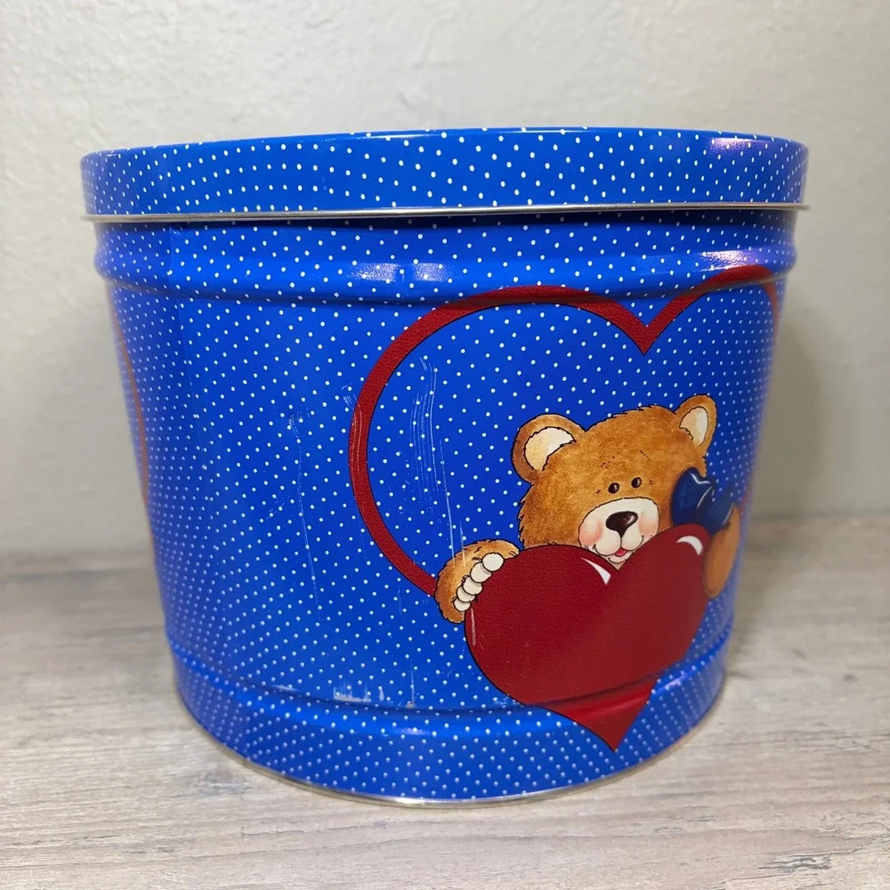 Vintage Teddy Bear Heart Blue Polka Dot Metal Cookie Tin Storage Container 10